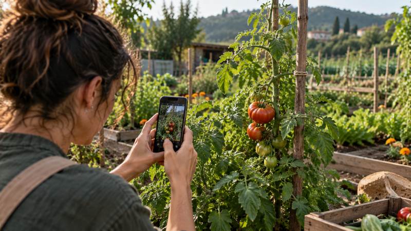 Mujer fotografiando tomates en el huerto